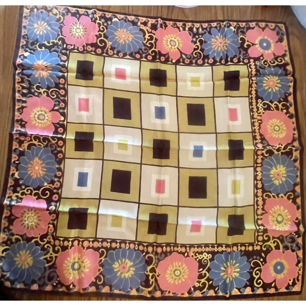Large Beige Vintage Pink Blue Flowers GEOMETRIC Squares  Scarf